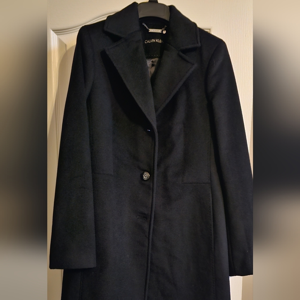 Black Single Breasted Wool & Cashmere Blend Coat Calvin Klein Size 4 NWOT
